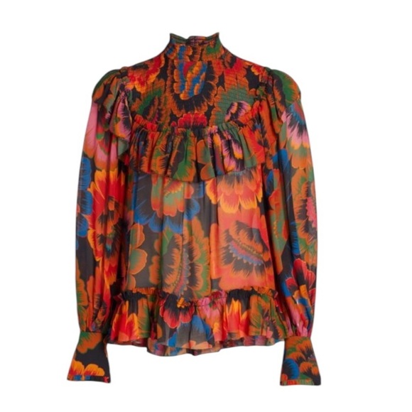 FARM RIO Flowers Smocked Ruffle Detail Floral Blouse Size S - Picture 2 of 12